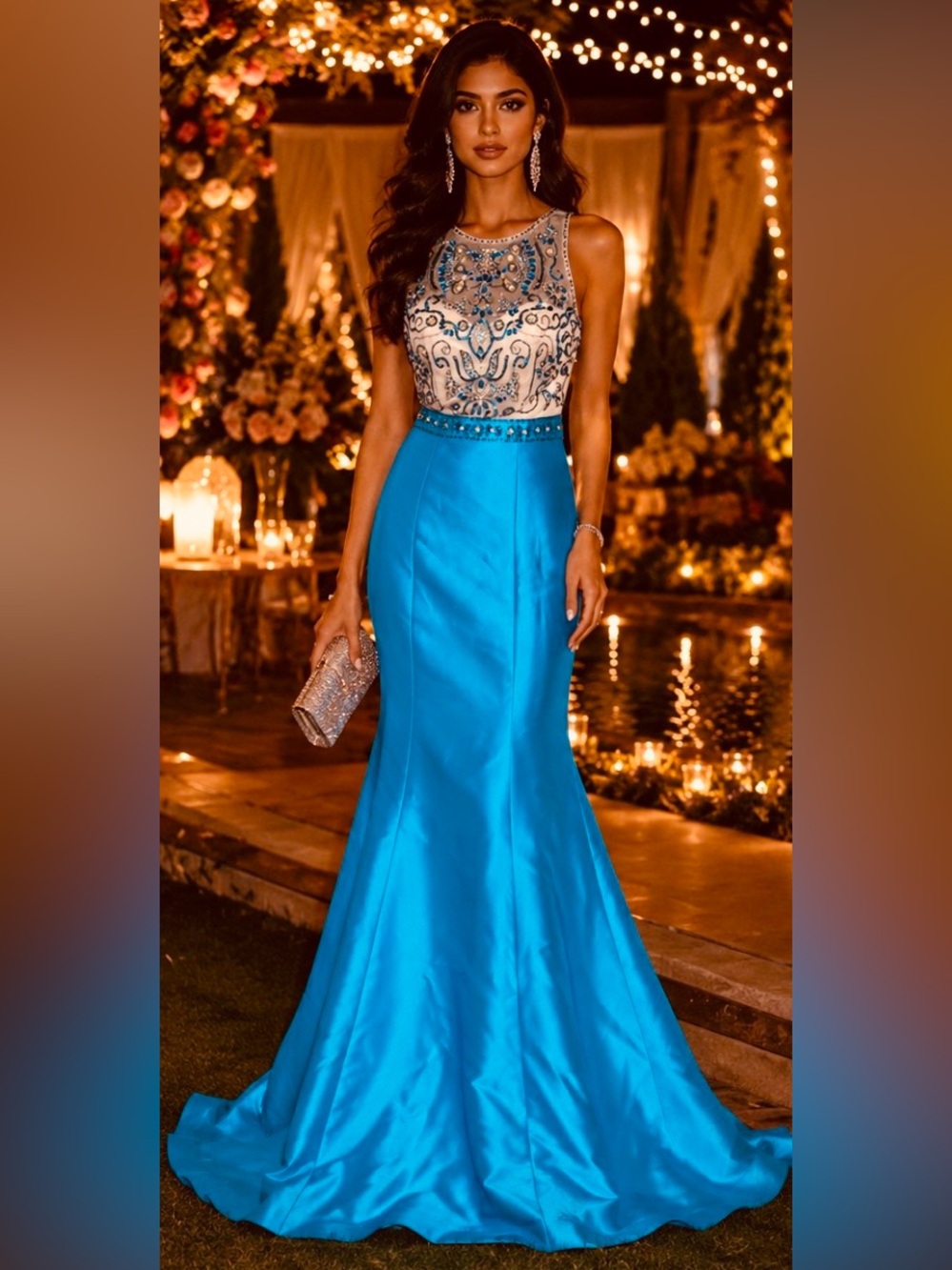 TLC Say Yes To The Prom Turquoise Illusion Bejeweled Mermaid Dress Size 3/4 NWT